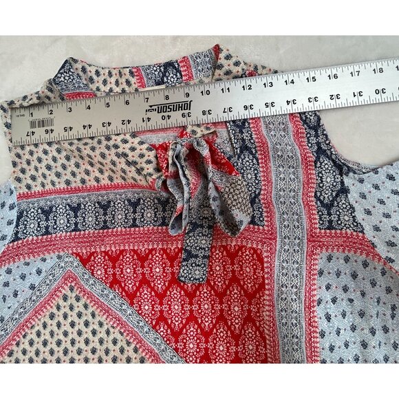 Chico's Women Mixed Print Cold Shoulder Tie-Neck Blouse Top Size 3 Red/Blue NWOT - Picture 6 of 9